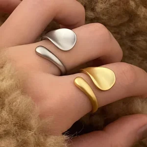 Jewelry Supplier Irregular Leaf Shaped Stainless Steel Open Adjustable Ring Geometric Women Metal Dome Glossy Ring