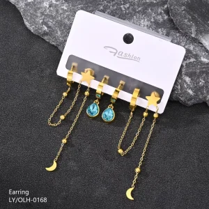 Jewelry Supplier New Arrival Star Pendant Earrings Set Pear Shape Blue Gemstone Stainless Steel Gold Hook Earring for Women
