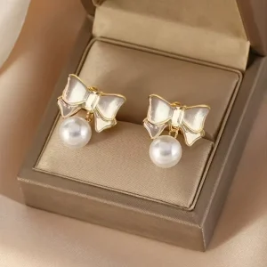 Jewelry Sweety Bow Knot Earring 14K Gold Plated Cute Pearl Bow Fashionable Earrings for Girls Gift Accessories