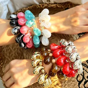 Jewelry Teardrop Resin Stretch Bracelet Swirl Marble Vein Solid Metallic Glossy Acrylic Beaded Bracelets Fashion Bangles