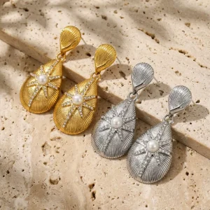 Jewelry for Women Luxury Stainless Steel Water Drop Pendant Zircon Earrings 18k Real Gold Plated Eight pointed Star Beaded