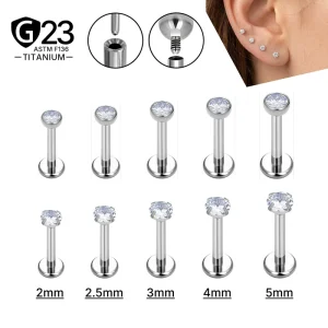 JiaXin ASTM F136 Implant Grade Titanium Internally Threaded Threadless Push Pin Nose Stud Daith Cartilage Zircon Earrings