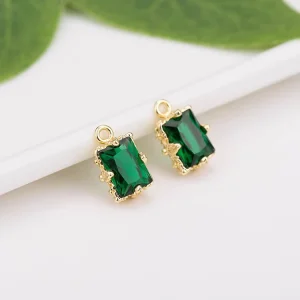 Jiexing Fashion Square Shape Copper 14K Gold Plated Green Inlaid Zircon Charm for Bracelet Necklace Making