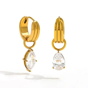 Joolim 18K Gold Plated Fashion Asymmetric Horse Eye&Teardrop Zirconia Pendant Huggie Earring Stainless Steel Jewelry