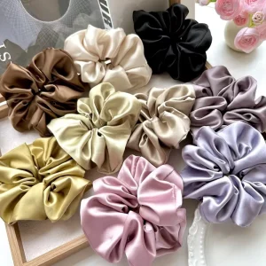 Jumbo Xxl Black Imitation Silk Satin Scrunchie Custom Logo Print Hair Scrunchies For Girls