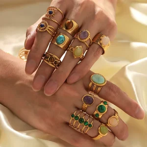 K138 18K PVD Gold Plated Stainless Steel Natural Gem Stones Adjustable Chunky Women Vintage Fashion Jewelry Rings