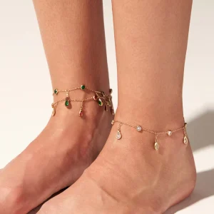 KA02021 Women’s Anklets 18K Gold Plated Stainless Steel Charm Anklets with Colorful Zircon & Rhinestone Floral Pattern for Gift
