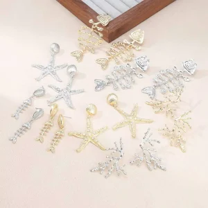 KAMMY Fashion Brass Nautical Stud Earrings Fishbone Starfish Coral Seashell Party Statement Zircon Trendy Women Jewelry Gift