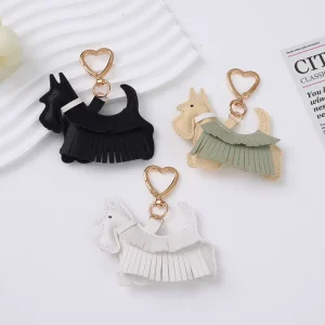 KC488 Cute Lucky Charming Terrier PU Leather Key Ring Tassel Heart Clasp Customizable Bag Charm Key Chain