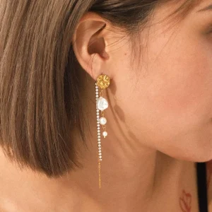 KITI Elegant Pearl Chain Drop Earrings 18K Gold Plated Stainless Steel Long Dangle Earrings Jewelry