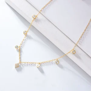 KN1124 Chain Link Gold Jewelry Round Rhombus Bezel Setting 925 Sterling Silver Necklace for Women Custom