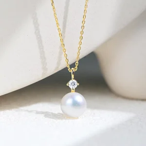 KN4601 925 Sterling Silver 14K Gold Plated Round Natural Freshwater Pearls Cz Zircon Pendant Necklace