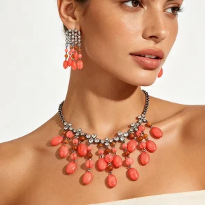 Kaimei Fashion Jewelry Diamond Resin Pendant Braided Tassel Earrings Necklace Set Resin Rhinestone Necklaces Jewelry Set