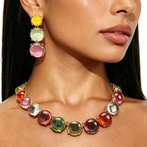 Kaimei Fashion Jewelry Geometric Metal Round Circle Gold Necklace Flower Leaves Resin Gold Earrings Necklace Jewelry Set