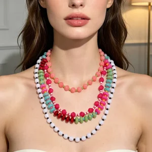 Kaimei Fashion Jewelry Round Bead Colorful Necklace Handmade Beaded Necklace Multi Layer Beaded Necklaces
