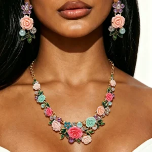 Kaimei Fashion Jewelry Sweet Resin Rose Flower Pearl Necklace Earrings Bracelet Fashion Jewelry Set Accessories Necklace