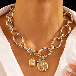 Kaimei Fashion Jewelry Vintage Fried Dough Twists Stripe Geometric Round Coin Necklace Chunky Pendant Necklaces