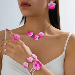 Kaimei Fashion Jewelry Women Trend Elegant Gradient Flower Pendant Necklace Earrings Bracelet Ring Set Fashion Jewelry Set