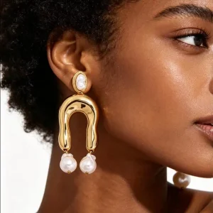 Kaimei New Fashion Jewelry Alloy U shaped Geometric Punk Earrings Geometircal Fashion Gold Plated Pearl Dangle Earrings