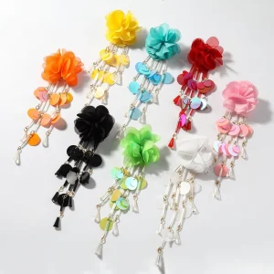 Kaimei New Fashion Jewelry Flower Handmade Woven Tassel Long Earrings Bohemian Fashion Women Sequin Flower Gold Earrings