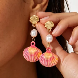 Kaimei New Fashion Jewelry Summer New Gradient Color Multi-layer Shell Pendant Earrings Bohemian Women’s Gold Drop Earrings