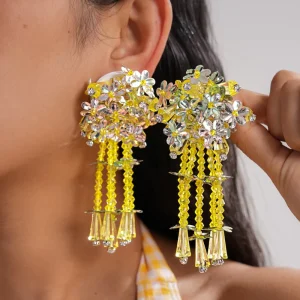 Kaimei Top New Design Fashion Jewelry Handmade Crystal Statement Sequins Yellow Flower Earrings Designs Beaded Earrings