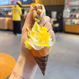 Kawaii Fake Waffle Ice Cream Pendant Resin Dessert Charm Cotton Wrist Lanyard Mini Decorative Accessory for Daily Backpack