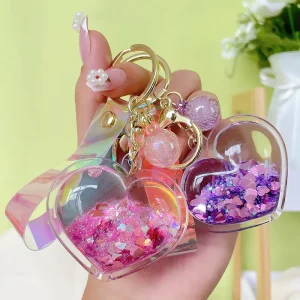 Kawaii Liquid Quicksand Heart Keychain Floating Pink Purple Glitter Sequins Acrylic Heart Charm with Iridescent Wrist Strap