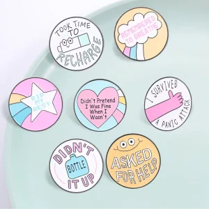 Kawaii Mental Wellness Enamel Pin Cute Pastel Round Inspirational Word Brooch for Collectible Gift