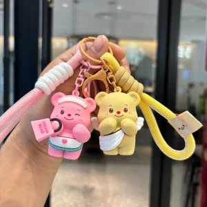 Kawaii Pink Bear Pendant Couple Keychain Accessories Cute Teddy Bear Student Bag Pendant Bulk Gift Keyrings
