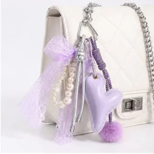 Kawaii Purple Heart Pompom Bag Charm Pearl Lace Bow Keychain Aesthetic Handbag Pendant Purse Accessories for Girls