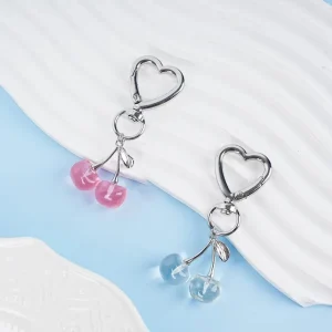 Kawaii Women’s Red-Pink Cherry Carabiner Keychain Heart-Shaped Buckle Car Keyring Pendant Bag Purse Charm Accessories Fashion