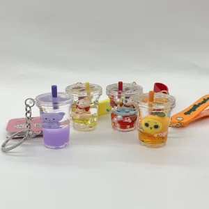 Keychain Quicksand Acrylic Liquid Glitter Milk Tea Cup Charm Floating Bag Key Pendant Custom Logo Factory OEM