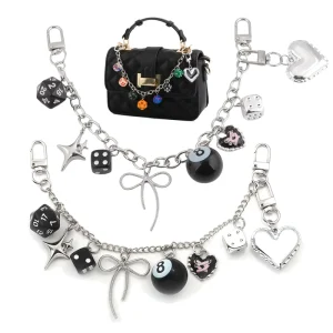 Keychain Y2K Dice 8 Ball Bag Chain Silver Metal Bow Star Heart Charms Punk Handbag Decor Chain with Clasp Hook