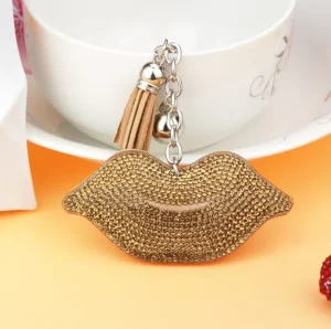 Khaki Lip Style Keychain Hot-fix Rhinestones Stylish Accessory Charm with Tassels for Bags