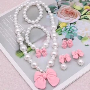 Kids Elegant Costume Prom Jewelry Set Cute Pearl Bow Rings Necklaces Bracelet Earrings for Little Girls Birthdays Gift
