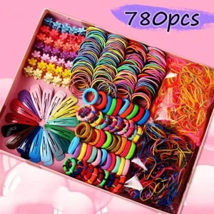 Kids Girls Fashion Style Hairband 780pcs Colorful Silky Scrunchy Elastic Hair Tie Rope Hair Accessories Clip