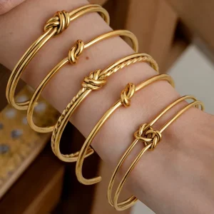Knot Design Gold Plated Stainless Steel Open Cuff Bracelets for Daily Minimalist Casual Wear
