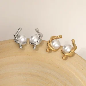 Knot Pearl Stud Earrings Stainless Steel 18K Gold Plated Waterproof Hypoallergenic Women Jewelry