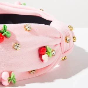 Knotted Headband with Cherry & Rhinestone Accents Padded Fabric Statement Hair Hoops for Summer & Daily Wear