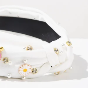 Knotted Headband with Rainbow Daisy & Pearl Rhinestone Padded Fabric Statement Hair Hoops Options for Summer & Daily Wear