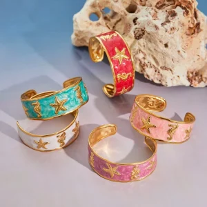 Kongsun Certified Stainless Steel Gold Plated Ocean Theme Cuff Bangle Women Starfish Seahorse Enamel Wide Summer Fashion Jewelry