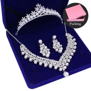 Korea Custom Pearls Crystal Flower Headpiece Fashion Set 3pcs Necklace Earring Wed Crown Luxury Simple Rhinestone Hair Accessory
