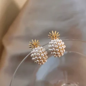 Korea Style Lady Party Wedding Gift Pineapple Pearl Sliver Needle Stud Earrings for Women