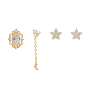 Korean 925S Fashion Design 4pcs Hypoallergenic Earrings Set Shining Zircon Flower Star Moon Stud Earrings for Women