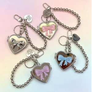 Korean Bow Heart Mirror Keychain Cute Portable Makeup Bag Charm Gift