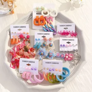 Korean Candy Color Flower Fabric Earrings Sets for Party Acrylic Resin Fashion Jewelry Women Earrings Set