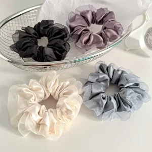 Korean Cream Solid Color Elegant Hair Tie Fashion Hair Accessories Satin Mesh Ruffle Scrunchies for Women