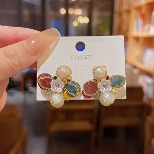 Korean Crystal Flower Earrings Retro Vintage Pearl Shell Flower Earring for Girlfriend