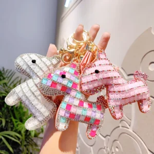 Korean Cute Diamond encrusted Pony Doll Pu Keychain Fashion Bag Car Pendant Small Gift Bling Rhinestone Leather Horse Keyring
